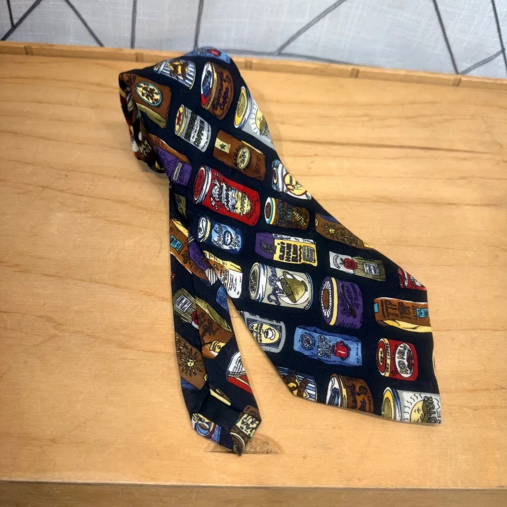 Nicole Miller Necktie OS Navy Blue‎ Coffee Tin Novelty Print Silk Hand Sewn Tie